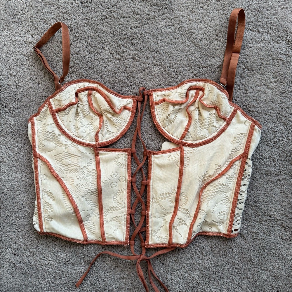Urban Outfitters Cream and Brown Lace-Up Bodysuit